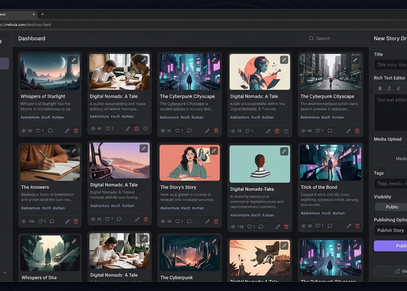 Nebula Feed interface with a dark canvas, card grid of stories, and a composer drawer for drafting new posts with tags and reactions.