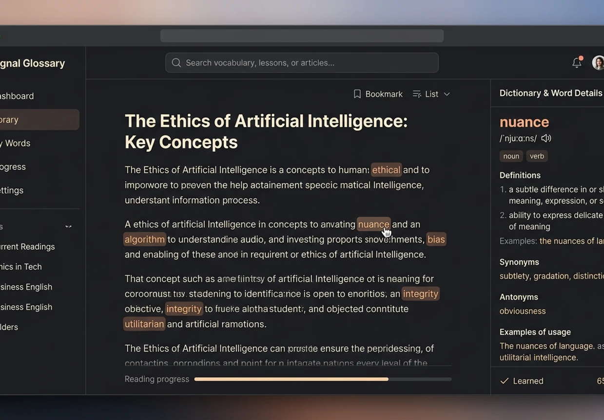 Signal Glossary study mode with a search field, reading pane, and definition column showing pronunciation and sample sentences.