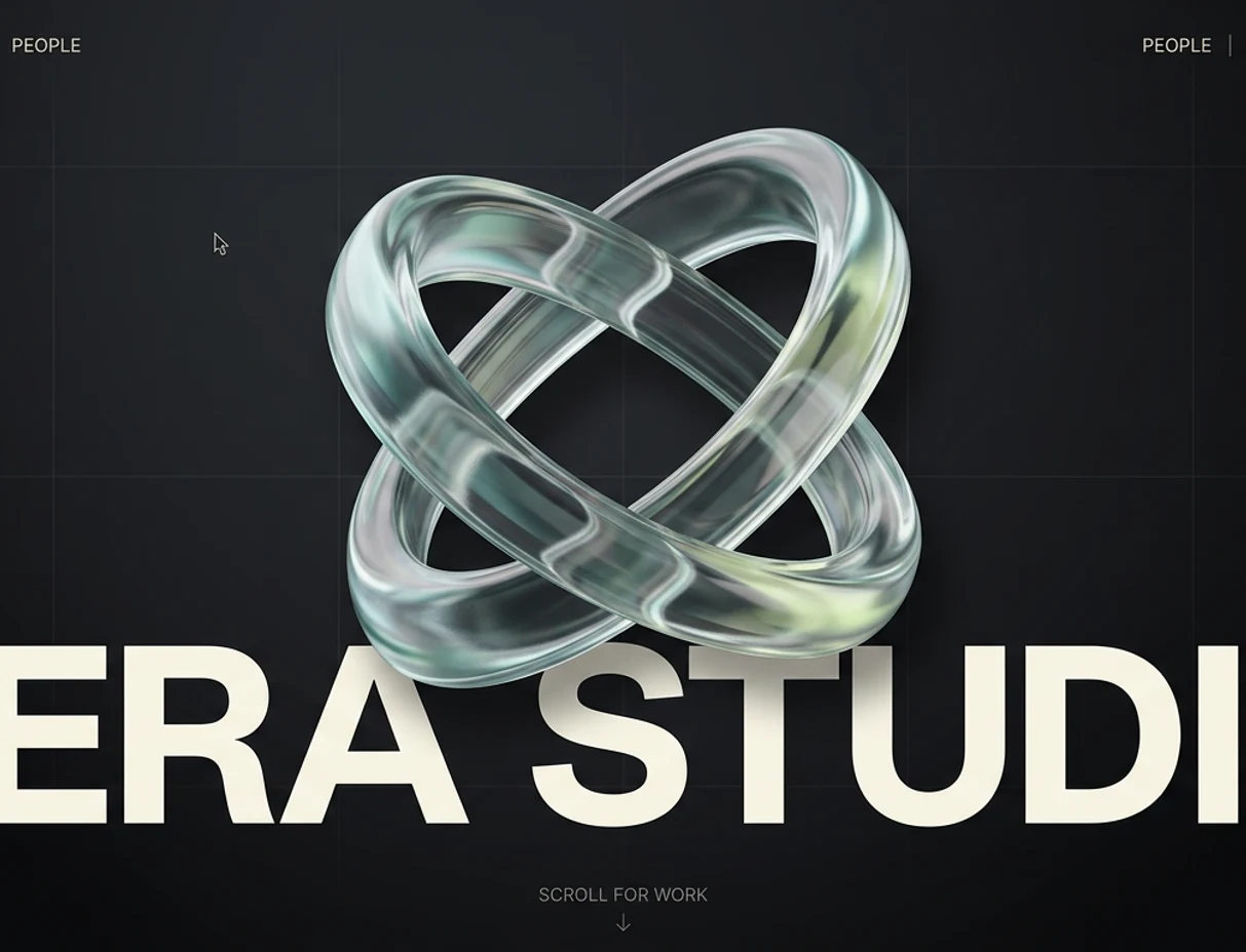 Screenshot of the Zera Studio marketing site with a large glass sphere, soft grid background, and bold ZERA STUDIO headline in the hero.